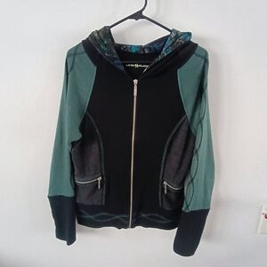 Laura Hlavac Designer Athletic Jacket Zip Hoodie Black Teal Mesh Trim S